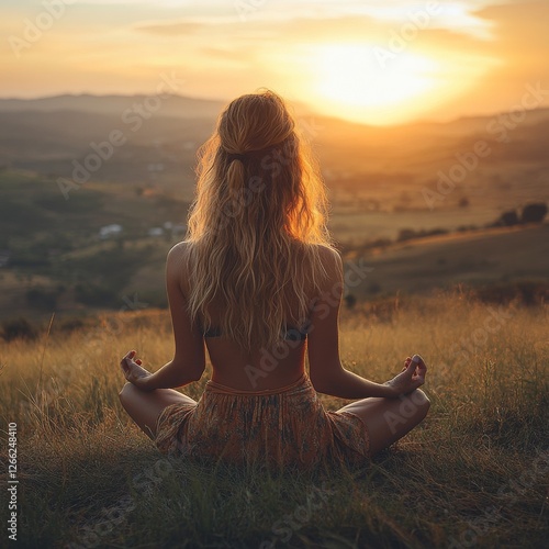 Golden Hour Meditation: Woman Practicing Yoga in Nature, Embracing Tranquility and Serenity Against a Backdrop of Rolling Hills at Sunset photo