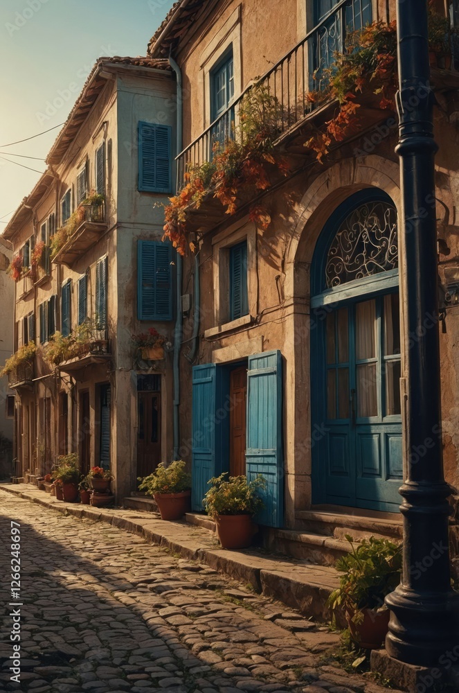 A picturesque cobblestone street lined with charming houses and vibrant flowers. A picturesque cobblestone street lined with charming houses and vibrant flowers.