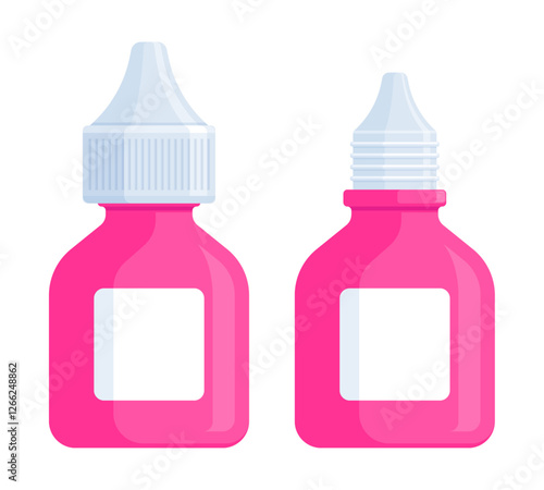 Set of closed and open pink medicine dropper bottles. Health, eye drops, ear drops, and medical product mockup concept. Flat vector illustration isolated on white background with copy space	