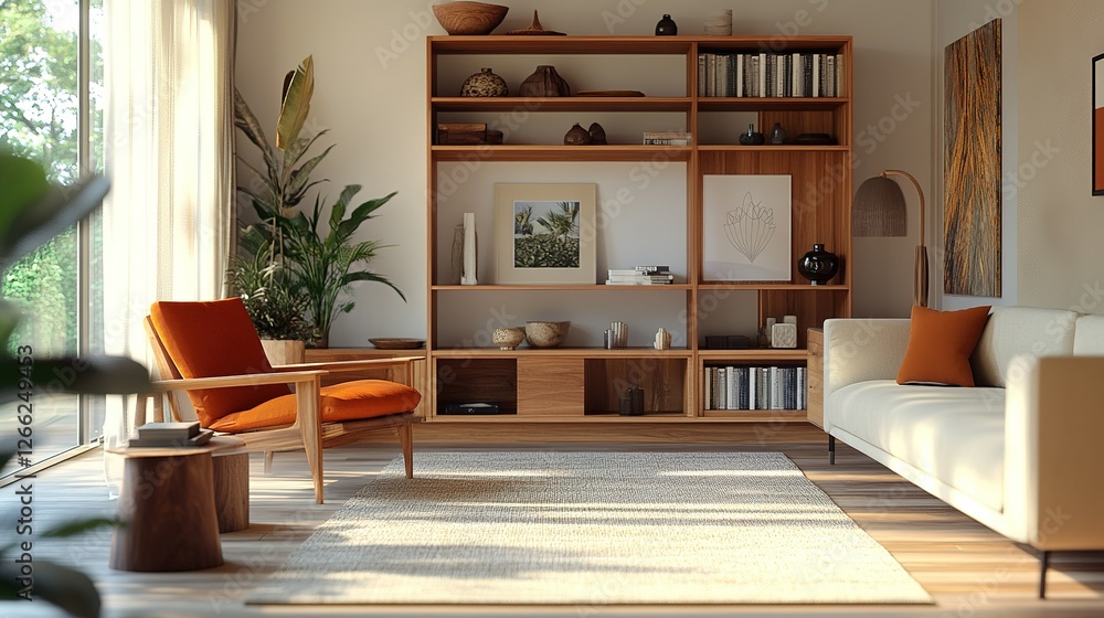 Fototapeta premium Modern Living Room Decor Featuring Wooden Furniture and Warm Tones
