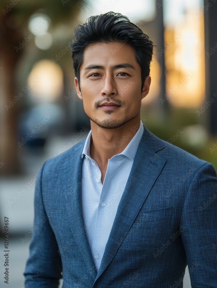 Obraz premium Confident Asian Businessman in Blue Suit Outdoors Portrait, Art Generated AI