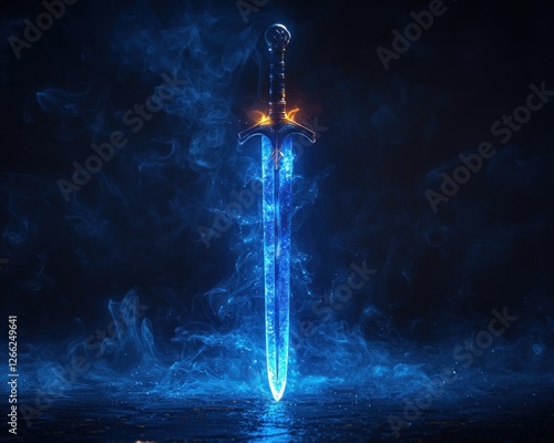 A magical glowing sword stands in blue smoke photo