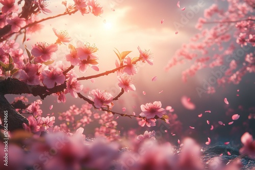 Pink Cherry Blossoms in a Golden Light: A Serene Springtime Scene with Delicate Petals Falling, Capturing the Beauty and Tranquility of Nature.