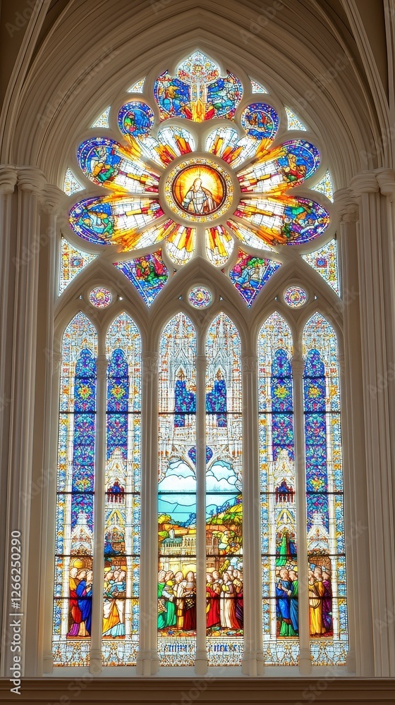 Ornate Stained Glass Church Window with Religious Scenes Ornate Stained Glass Church Window with Religious Scenes