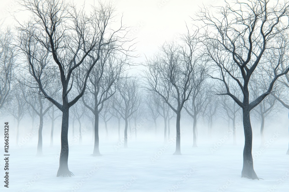 Misty Winter Forest: Leafless Trees in Snow Misty Winter Forest: Leafless Trees in Snow