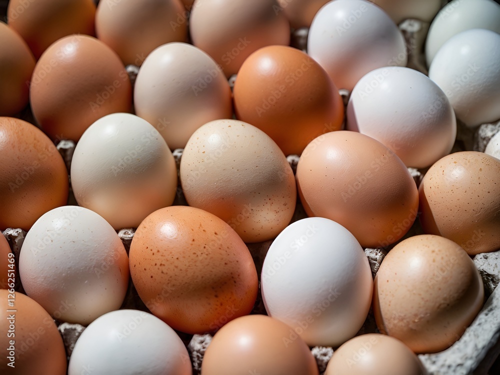 Chicken eggs arranged by color on paper egg box Chicken eggs arranged by color on paper egg box