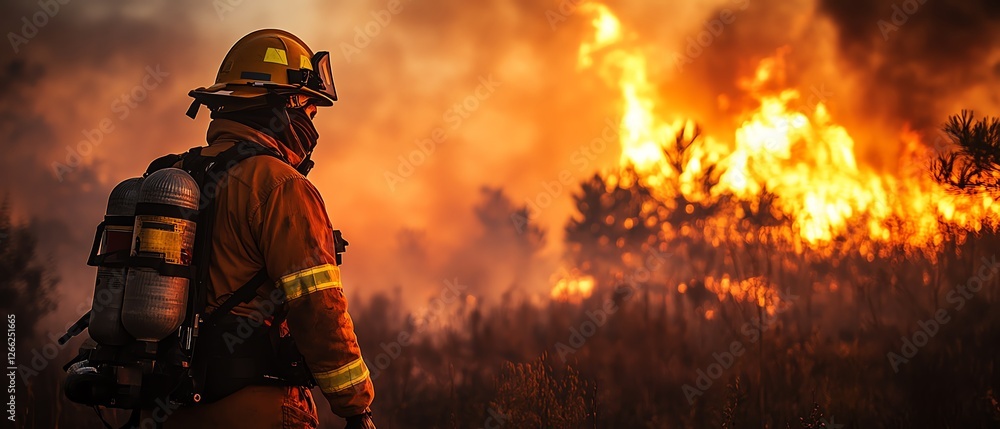 Fototapeta premium A firefighter with full protective gear, securing the perimeter of a fire scene while ensuring safety measures are in place for the emergency response