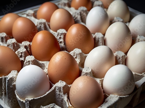 Chicken eggs arranged by color on paper egg box photo