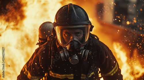 A firefighter in action, wearing full protective gear, battling flames at a fire scene with a safetyconscious and determined expression photo