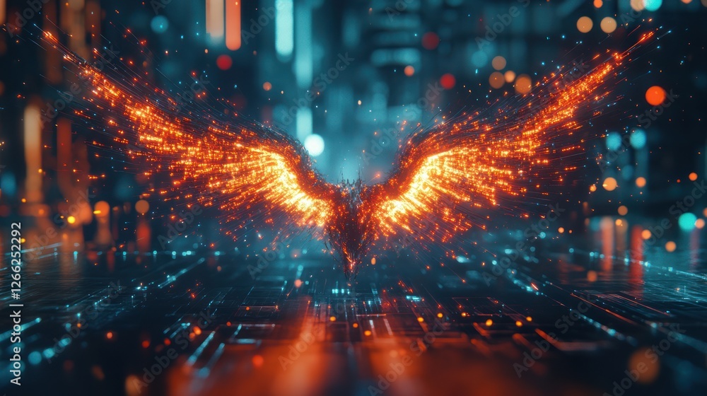 Fototapeta premium Fiery wings digital art, city bokeh background