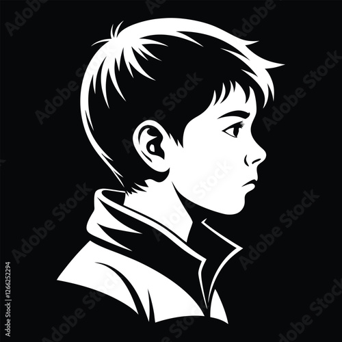 A cute boy head with face in silhouette profile.  Side view detailed hair and body vector art illustration with black and white. Children head cameo art.