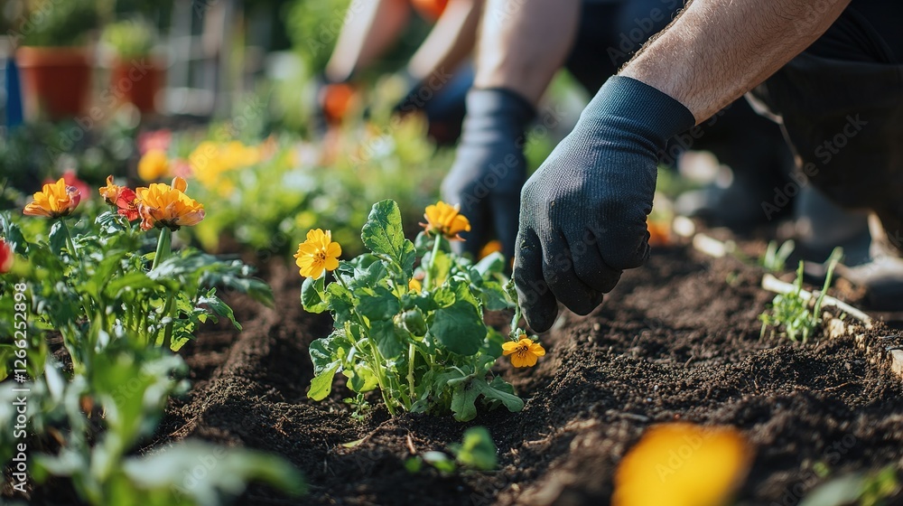Fototapeta premium Gardener Planting Yellow Flowers In Garden Bed