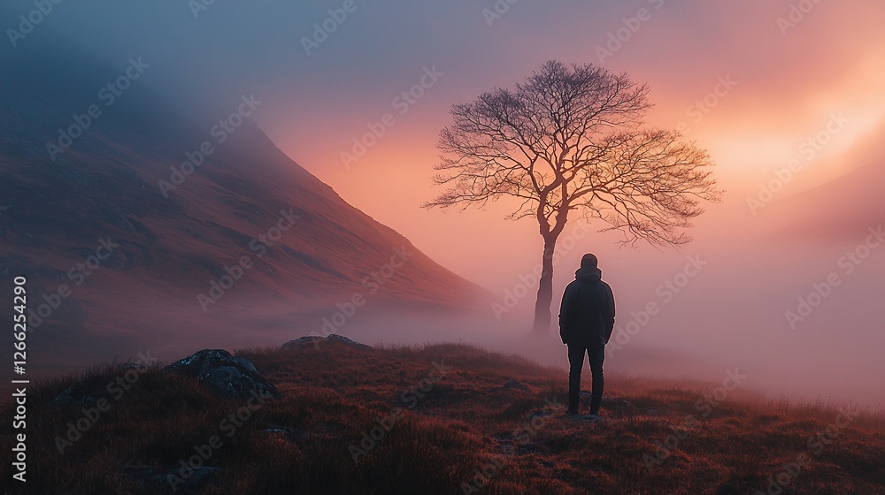Obraz premium Solitary hiker at sunrise, misty mountain valley, peaceful dawn