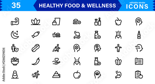 Modern Wellness and Healthy Food Icons. Clean and Versatile Icons for Well-Being, Mindful Living, Health Tracking, and Organic Foods