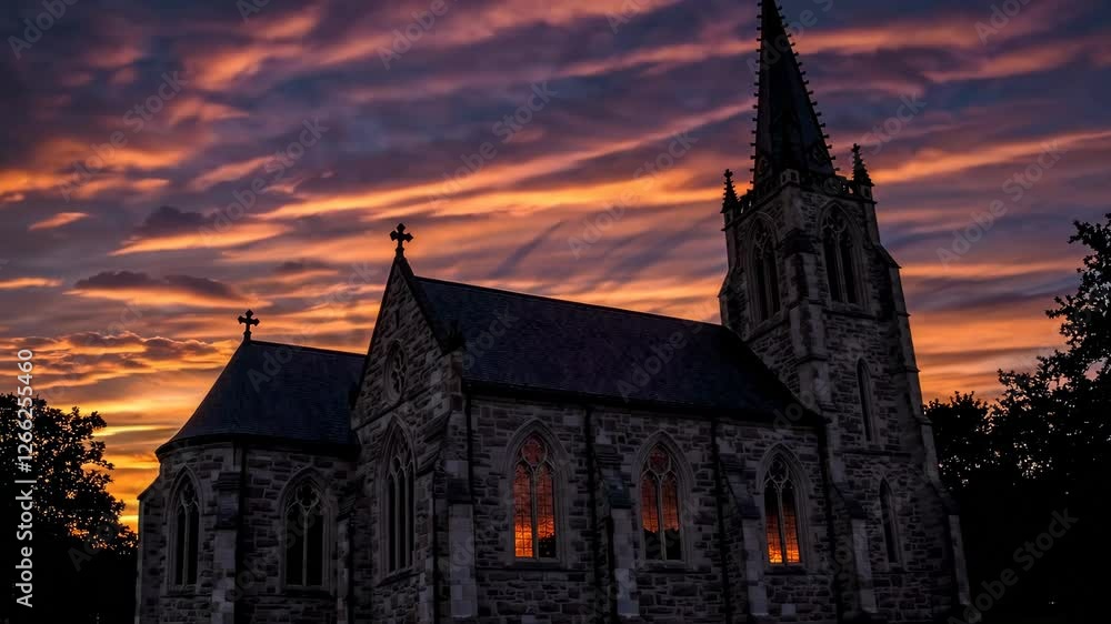 Gothic stone church at sunset with dramatic sky, architectural heritage ...