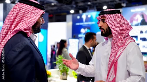 Two Saudi Arabian businessmen in formal attire at a business conference or trade show.