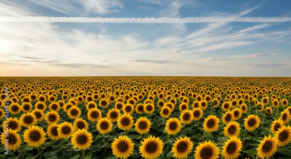 Obraz premium Vibrant Sunflower Field Blooming Under a Blue Sky with Wispy Clouds