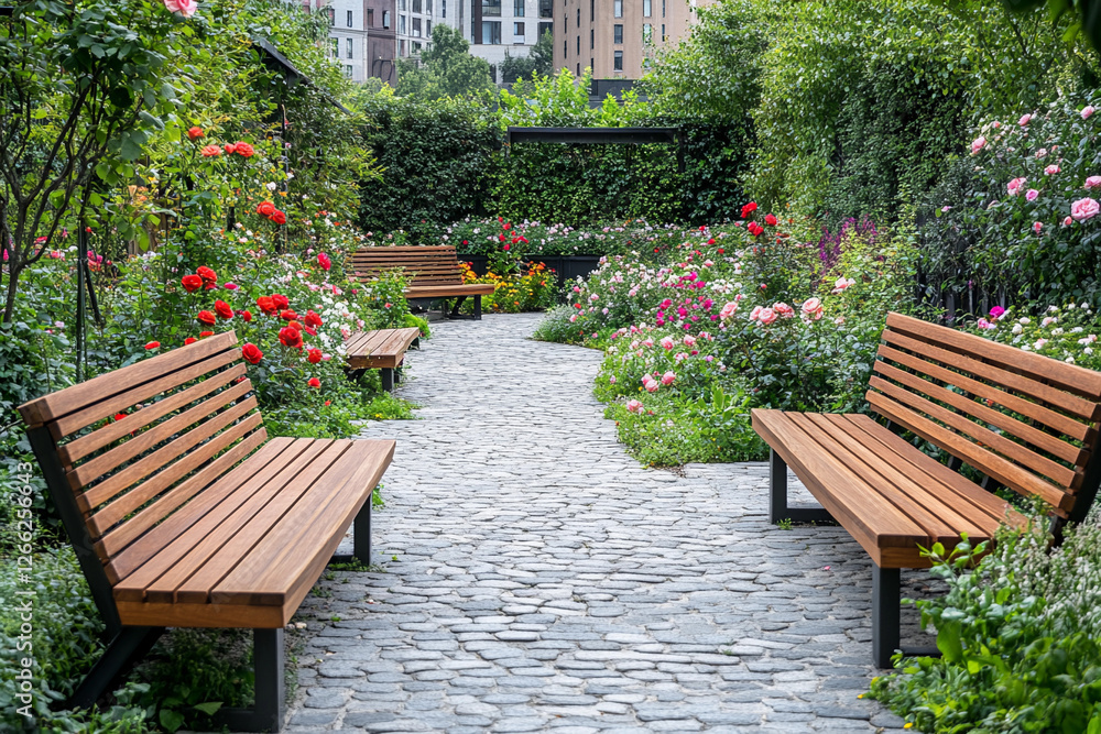 Beautiful garden pathway lined with flowers and benches in an urban setting during daylight hours Beautiful garden pathway lined with flowers and benches in an urban setting during daylight hours