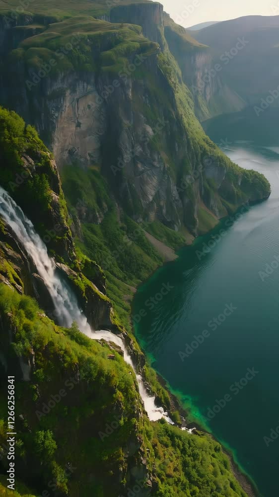 Majestic waterfall cascades through lush canyon scenery with glistening river below Majestic waterfall cascades through lush canyon scenery with glistening river below