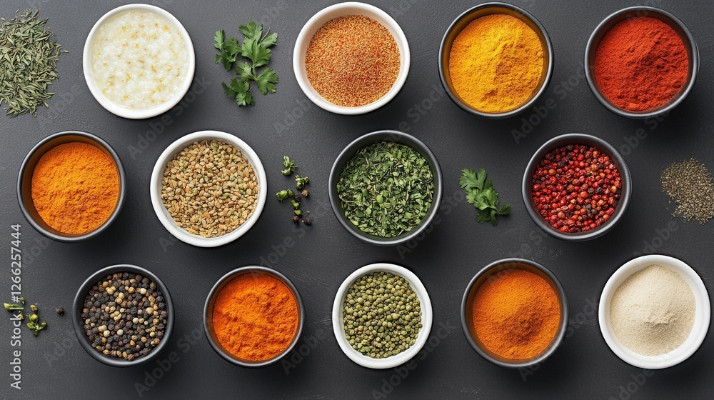 Naklejka premium A vibrant array of spices displayed in bowls on a dark surface, showcasing culinary diversity