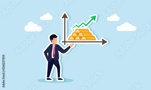 Businessman presents a rising chart from gold or precious metal, illustration of the importance of financial stability through diversification in precious metals or gold