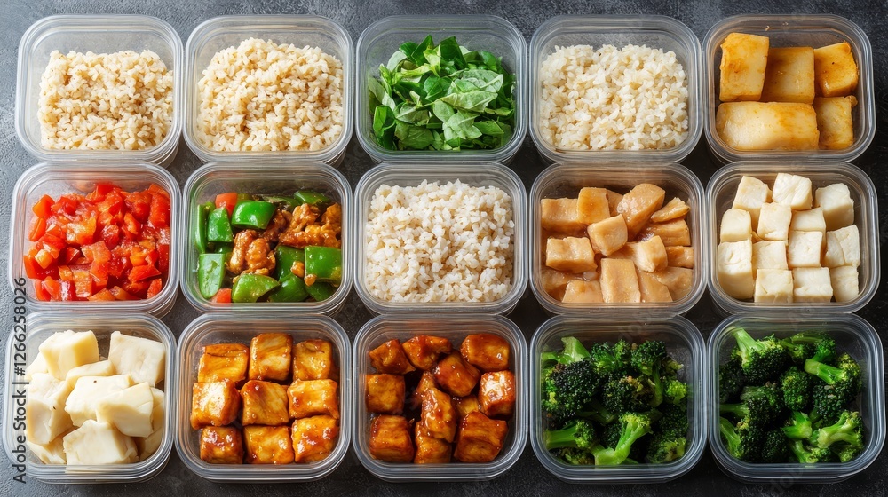 A meal preparation with glass container, packed with healthy meals like stir-fried chicken, brown rice, microwave behind, top view.