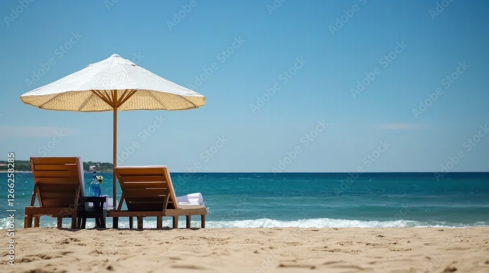 A beach umbrella and lounge chairs invite relaxation on soft sand, overlooking the serene ocean and clear sky, perfect for a day at the beach A beach umbrella and lounge chairs invite relaxation on soft sand, overlooking the serene ocean and clear sky, perfect for a day at the beach