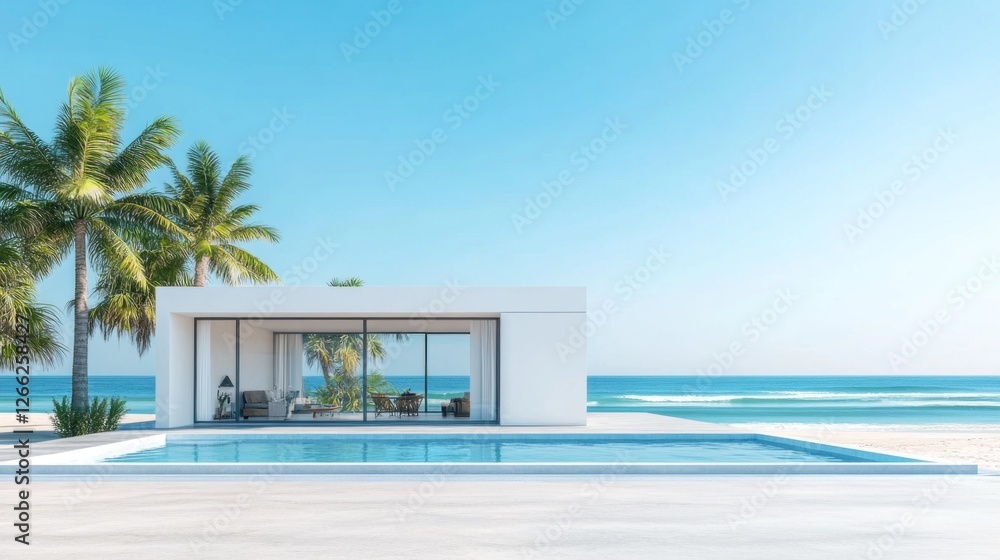 Fototapeta premium A stunning beachfront bungalow showcases an infinity pool surrounded by swaying palm trees, overlooking the vast ocean under clear blue skies