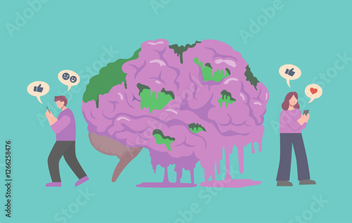 People use smartphone and the big purple brain rot. Concept about deterioration of a person's mental, OCD, or low intellectual state result of addicted overconsumption of content online.