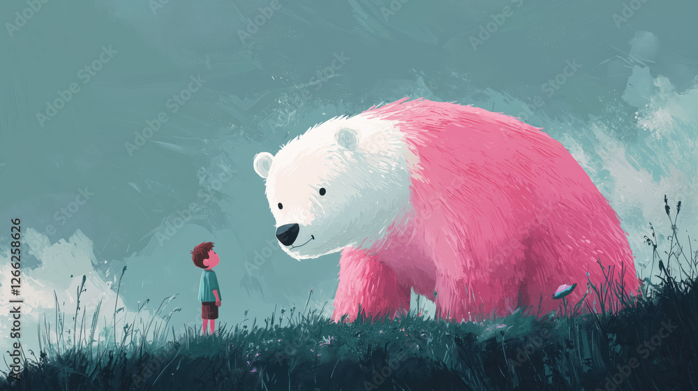child and a pink bear meet in a magical forest. whimsical and heartwarming illustration.
