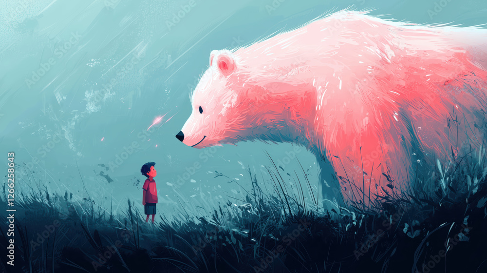 child and a pink bear meet in a magical forest. whimsical and heartwarming illustration.