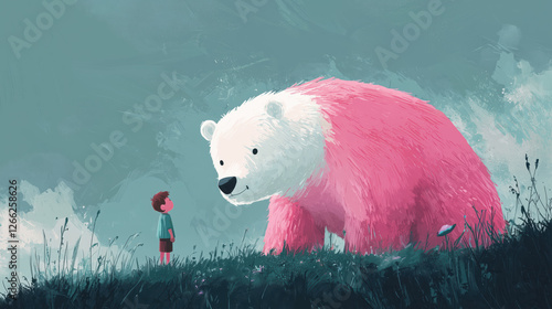 child and a pink bear meet in a magical forest. whimsical and heartwarming illustration.