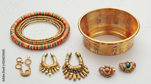 Ancient Egyptian gold jewelry and bowl display photo