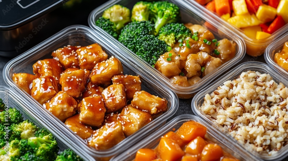 A meal preparation with glass container, packed with healthy meals like stir-fried chicken, brown rice, microwave behind, top view.