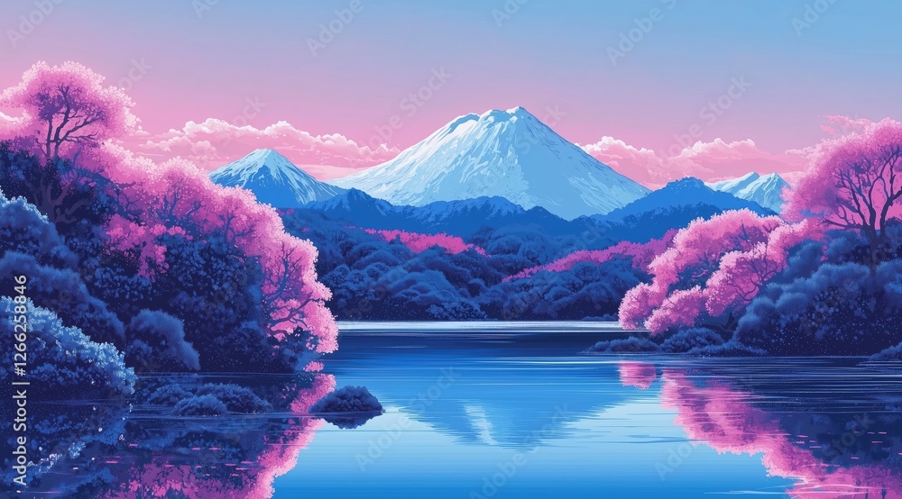 serene lake with cherry blossoms and snowy mountains. dreamy and vibrant landscape.