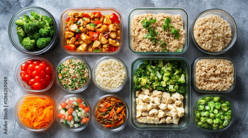 A meal preparation with glass container, packed with healthy meals like stir-fried chicken, brown rice, microwave behind, top view. A meal preparation with glass container, packed with healthy meals like stir-fried chicken, brown rice, microwave behind, top view.