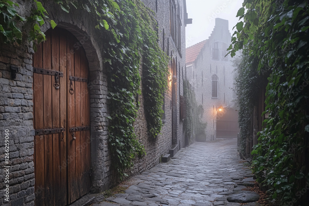 Fototapeta premium Mysterious cobblestone alleyway with ivy-covered walls and foggy ambiance in a historic town