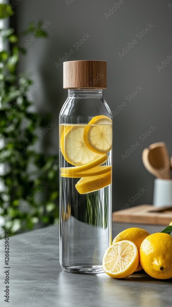 Glass water bottle infused with fresh lemon slices, embodying a healthy lifestyle with natural ingredients, placed on a kitchen counter alongside whole lemons, ready for refreshment Glass water bottle infused with fresh lemon slices, embodying a healthy lifestyle with natural ingredients, placed on a kitchen counter alongside whole lemons, ready for refreshment
