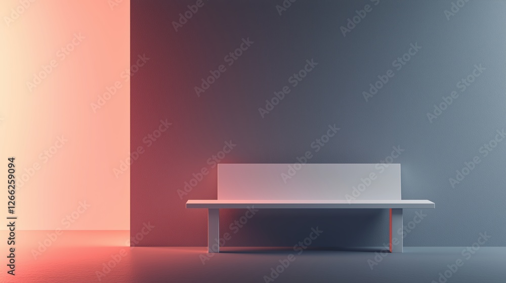 modern bench against a gradient wall. warm and cool lighting contrast.