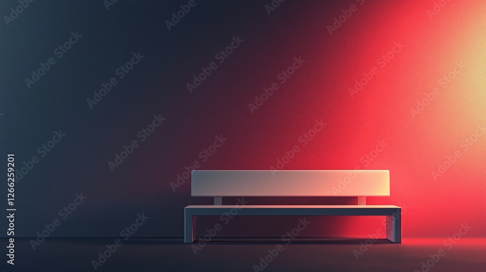 modern bench against a gradient wall. warm and cool lighting contrast.