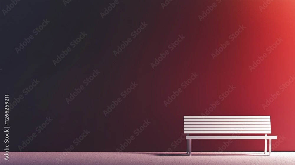 modern bench against a gradient wall. warm and cool lighting contrast.