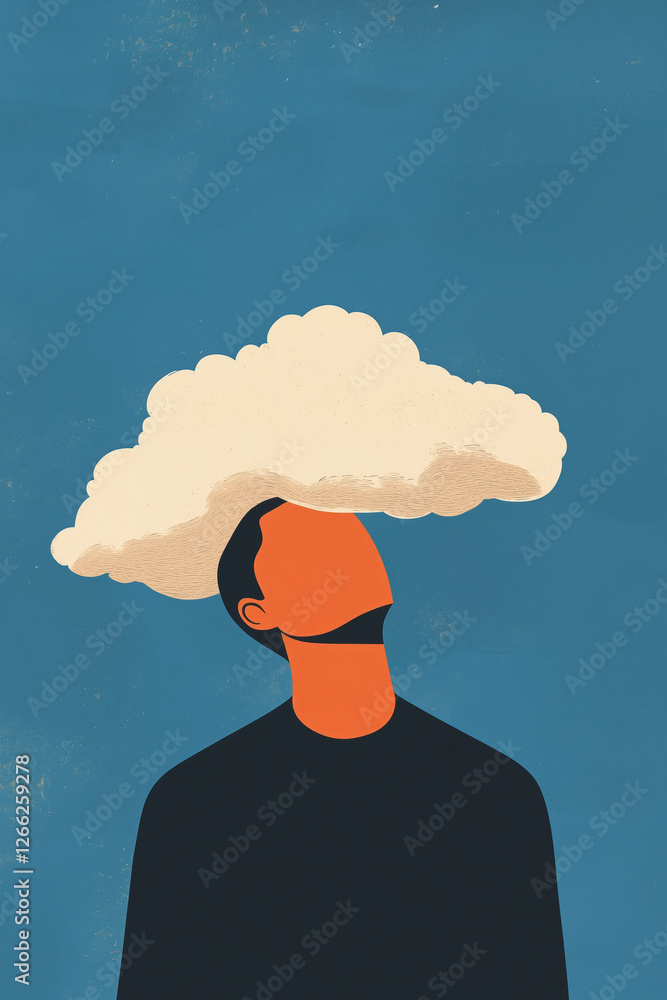 man with a cloud covering his head. surreal and imaginative illustration.
