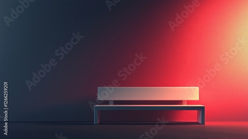 modern bench against a gradient wall. warm and cool lighting contrast.
