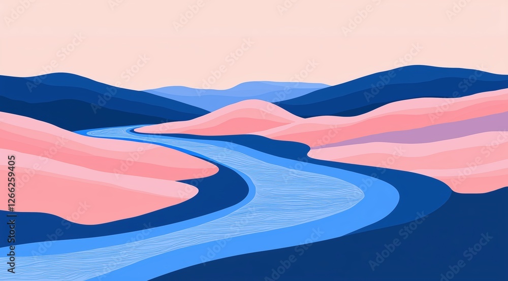 abstract landscape with a winding river and colorful hills. minimalist and serene illustration.