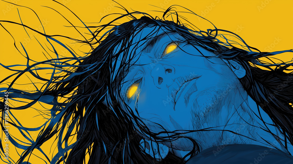 surreal portrait of a woman with glowing eyes and flowing liquid hair. intricate and visionary illustration.