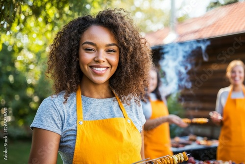 Woman with curly hair is smiling and holding a skewer, family picnic concept photo