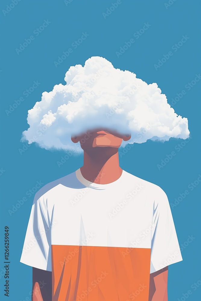 man with a cloud covering his head. surreal and imaginative illustration.