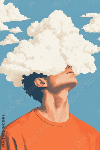 man with a cloud covering his head. surreal and imaginative illustration.