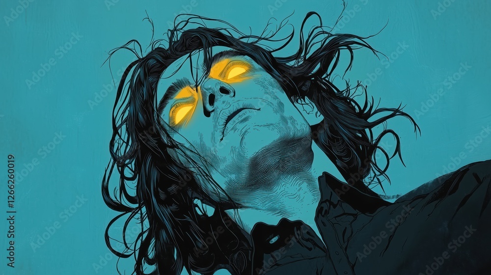 man floating in water with glowing eyes. surreal and mystical illustration.