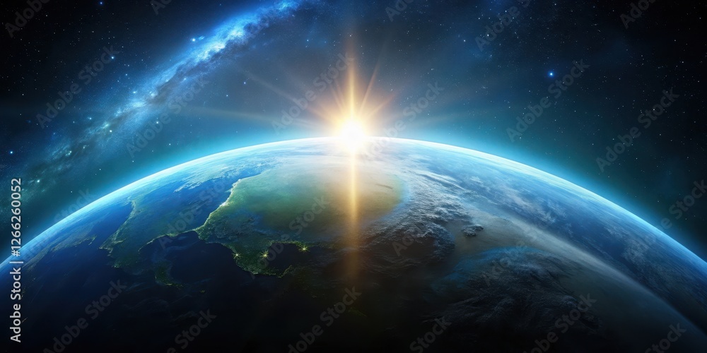 Fototapeta premium A Radiant Sunrise Over a Vibrant Planet Earth Viewed From Space, Showing the Milky Way Galaxy in the Background